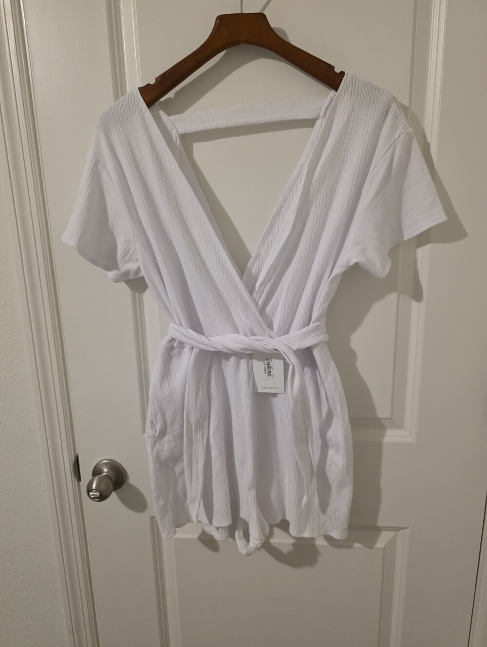 VitaminA Swim White V-Neck Short Sleeve Romper with Tie Waist